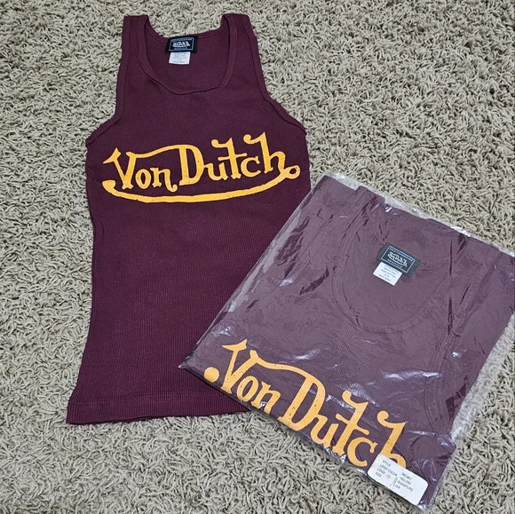 New Von Dutch Tank Maroon Yellow Script Ribbed Stretch - Picture 1 of 6